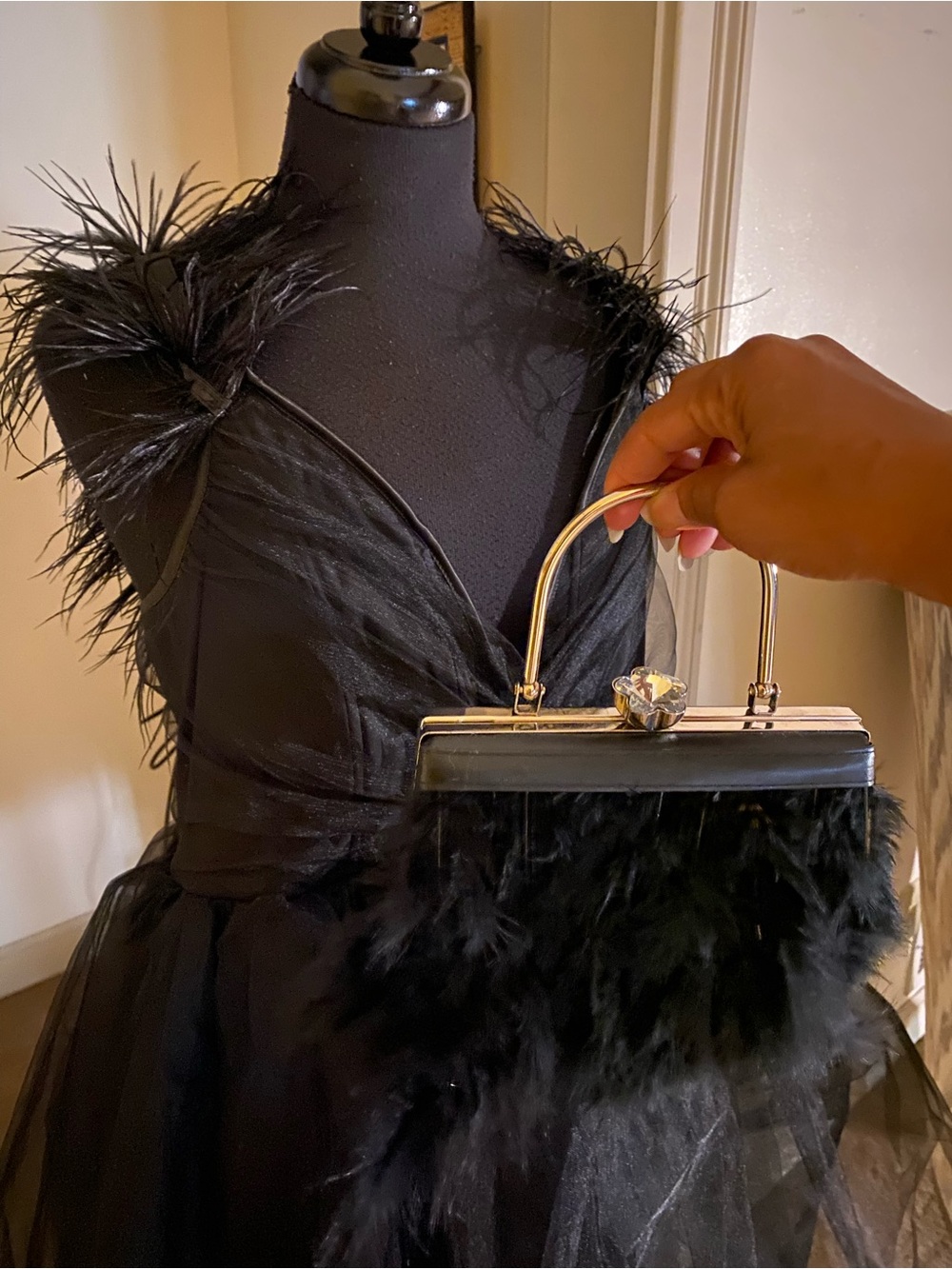 Fashion Nova Black Feather-Trim Evening Dress